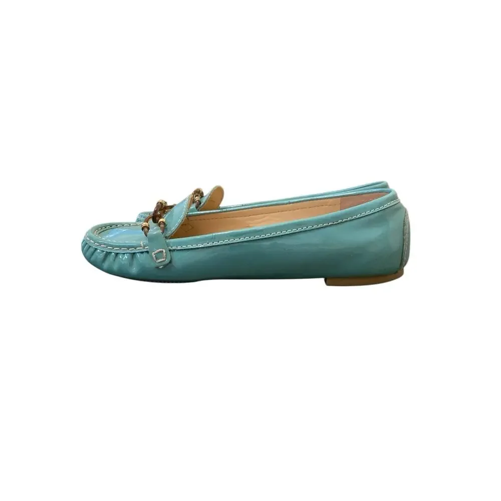 Talbots Teal Patent Leather Loafers Womens 6.5 B Chain Link Flats Brazil